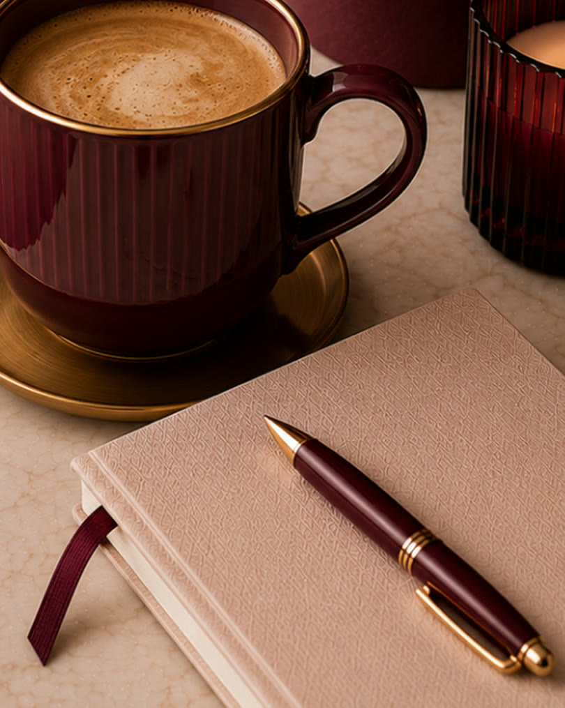 A burgundy cup and saucer beside a notebook and pen