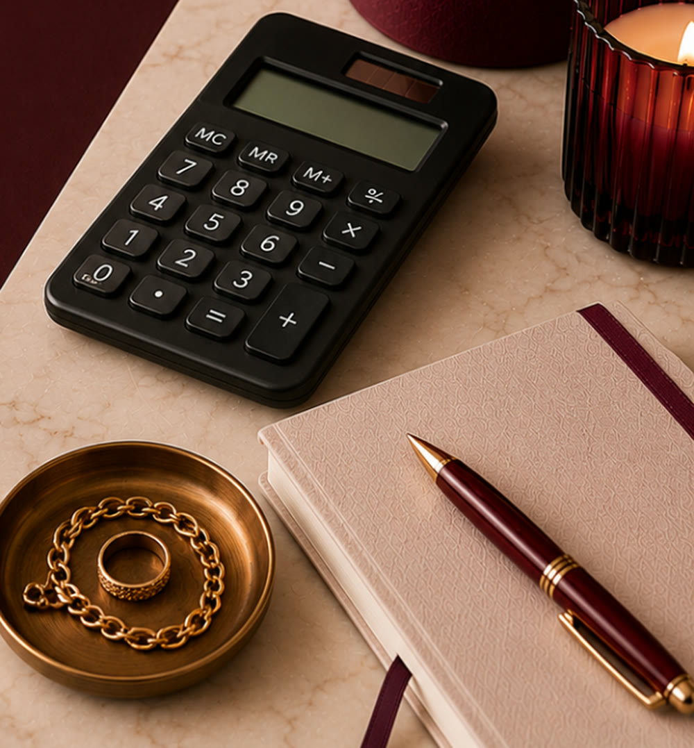 A calculator, notebook and pen on marble