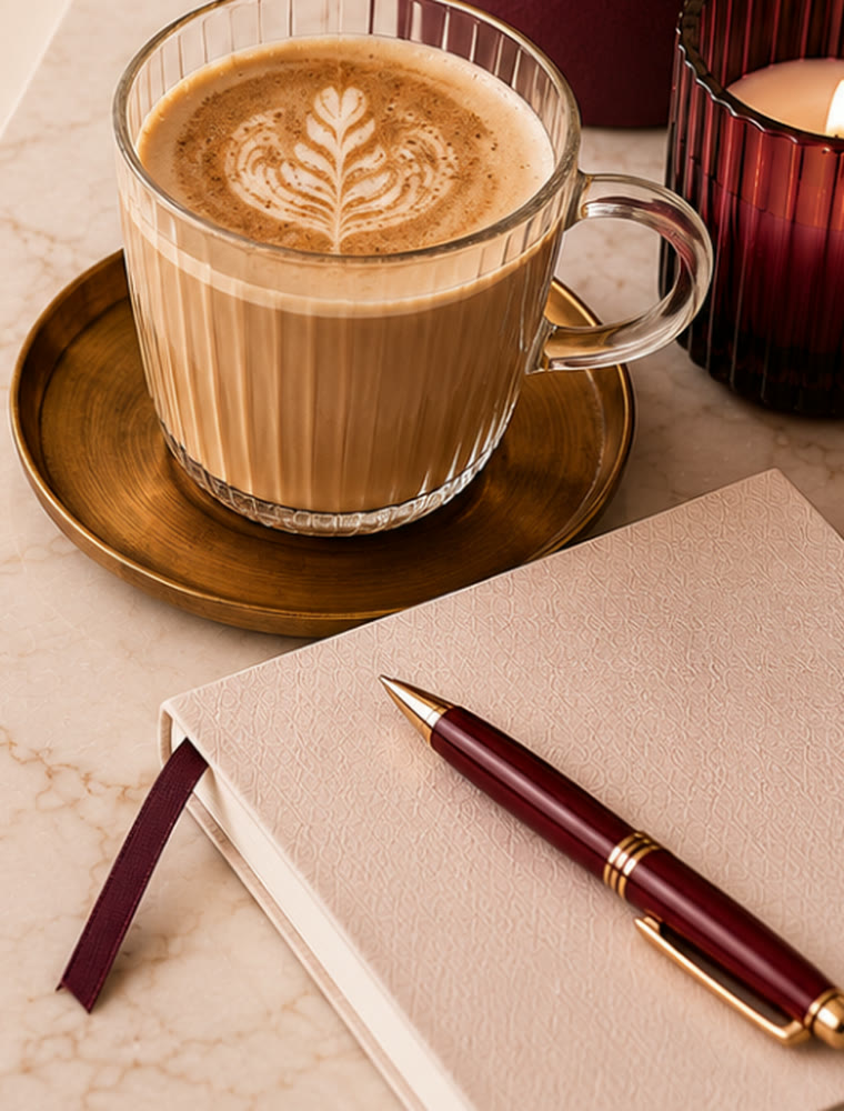 Coffee, notebook and pen on marble