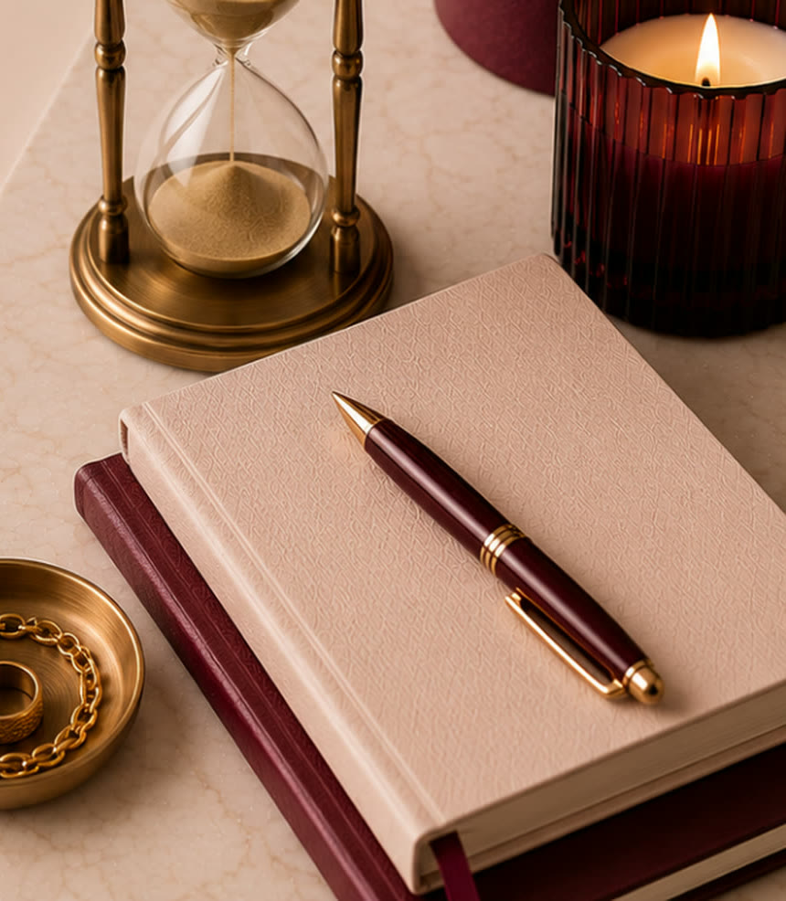 A notebook, pen and hourglass on marble